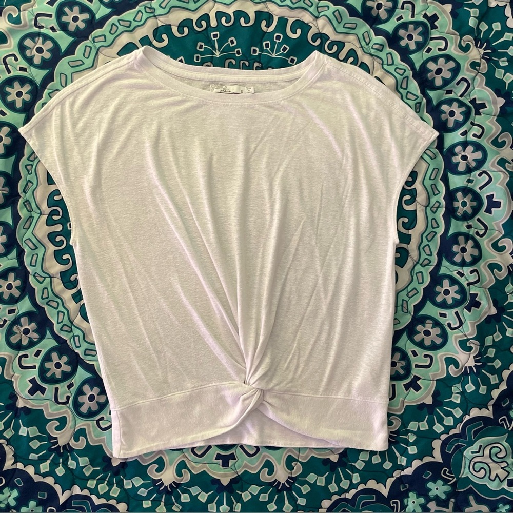 Prana White Knotted Front Cap Sleeve Tee